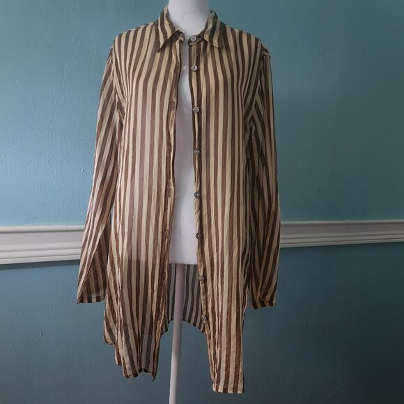 Chico’s sz 2 (L/12) Stripe Tunic Button down tan chocolate silk/cotton blend - Picture 5 of 9